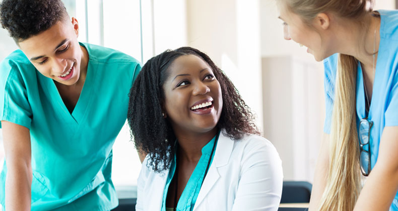 an image of diverse medical students preparing for class